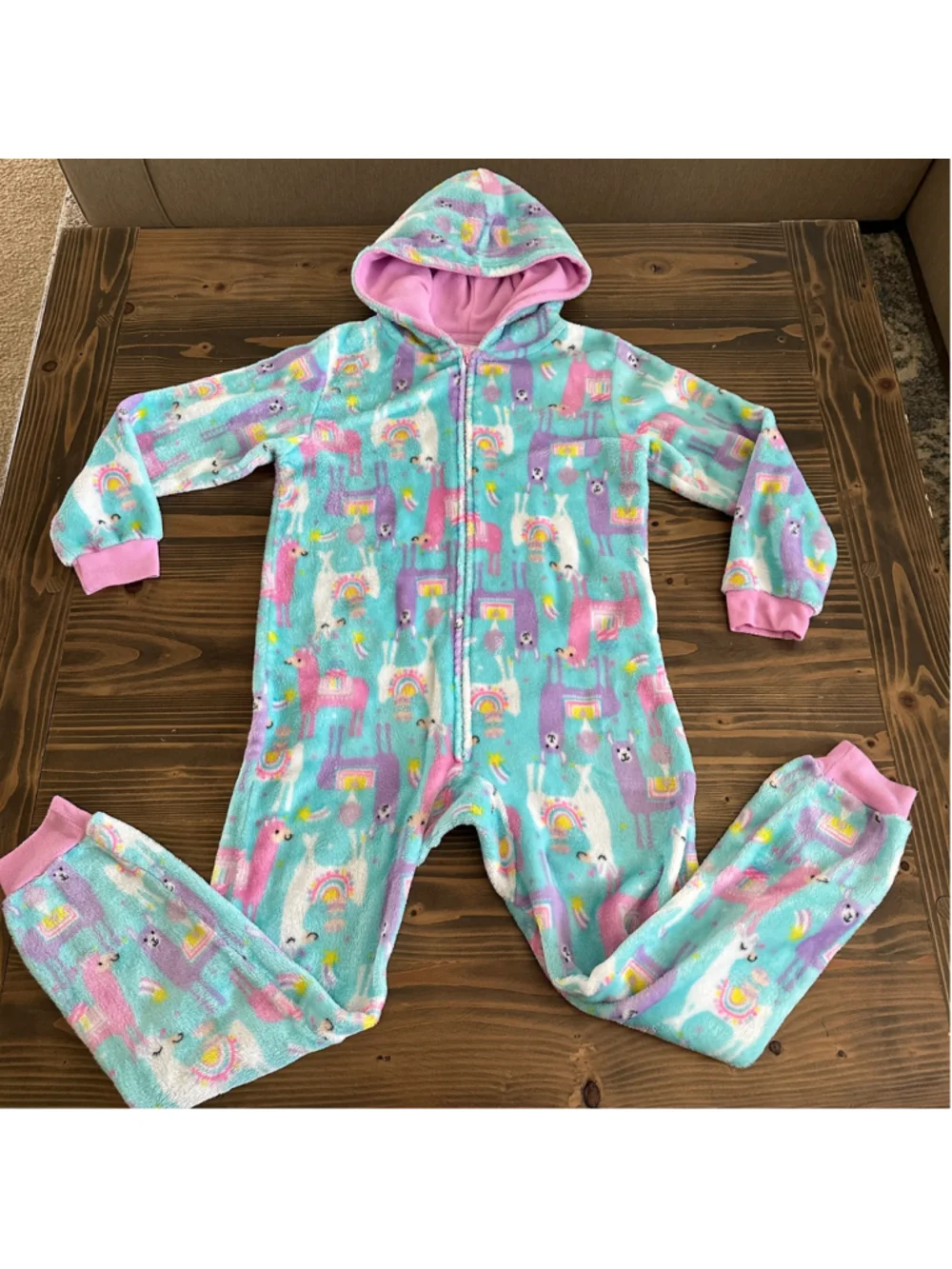 Girls Children's Place Llama Pajama Onesie M 7/8 Blue Pink Hooded Fleece